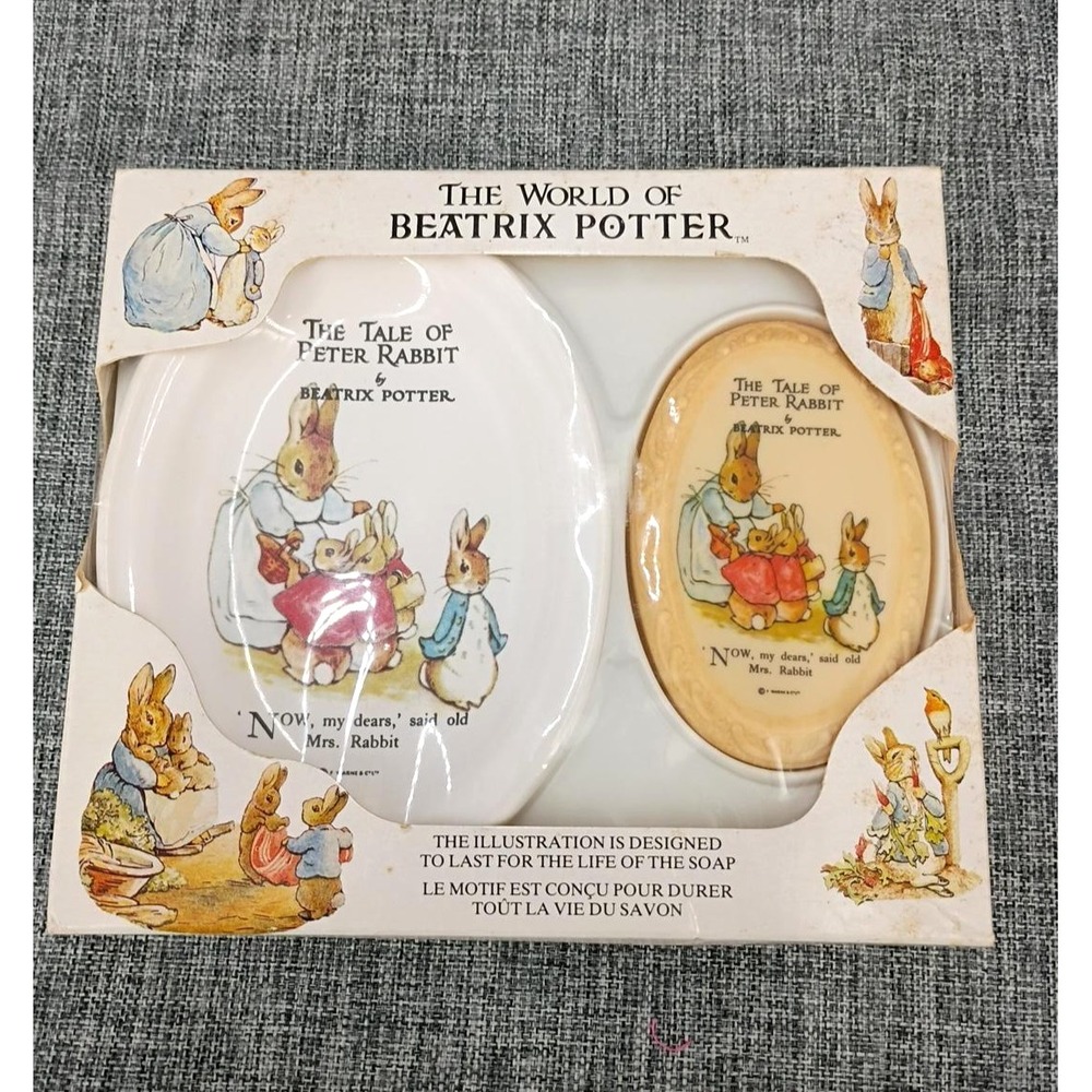 NOS 1988 Beatrix Potter Peter Rabbit Ceramic Soap Dish & Soap Gift Set Boxed